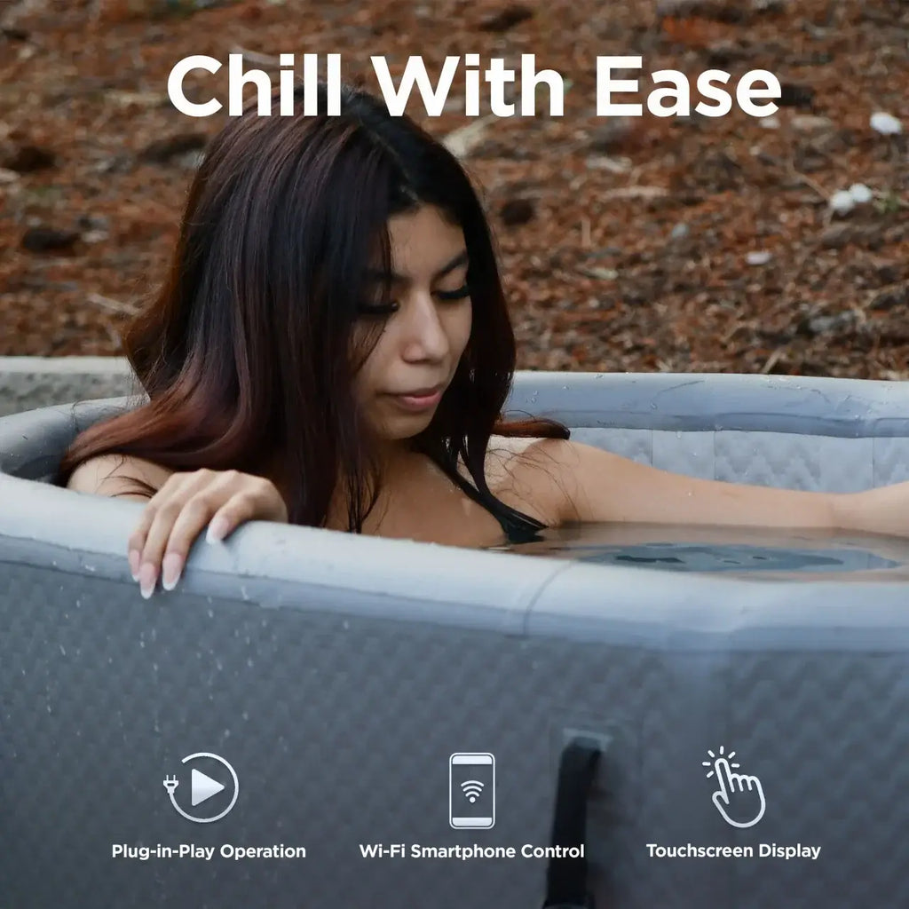 Woman relaxing in a hot tub with text 'Chill With Ease' and features listed below.