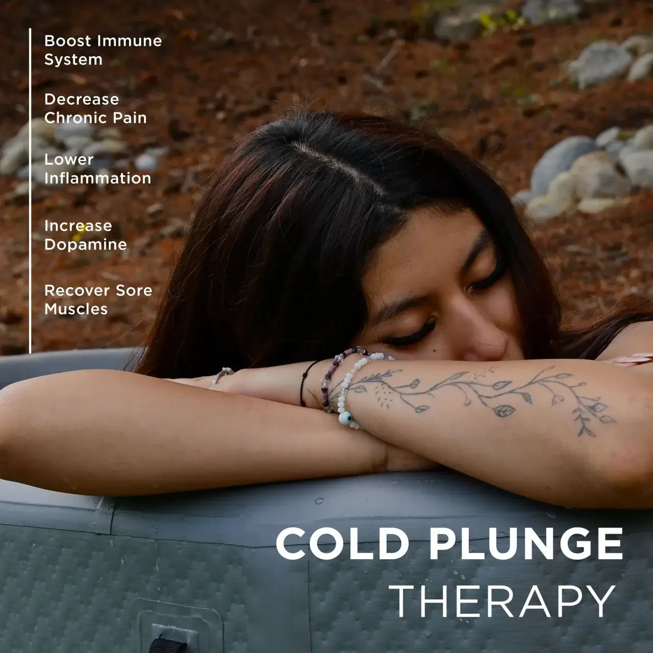 Person with tattoos resting their head on a surface outdoors, with text about cold plunge therapy benefits.