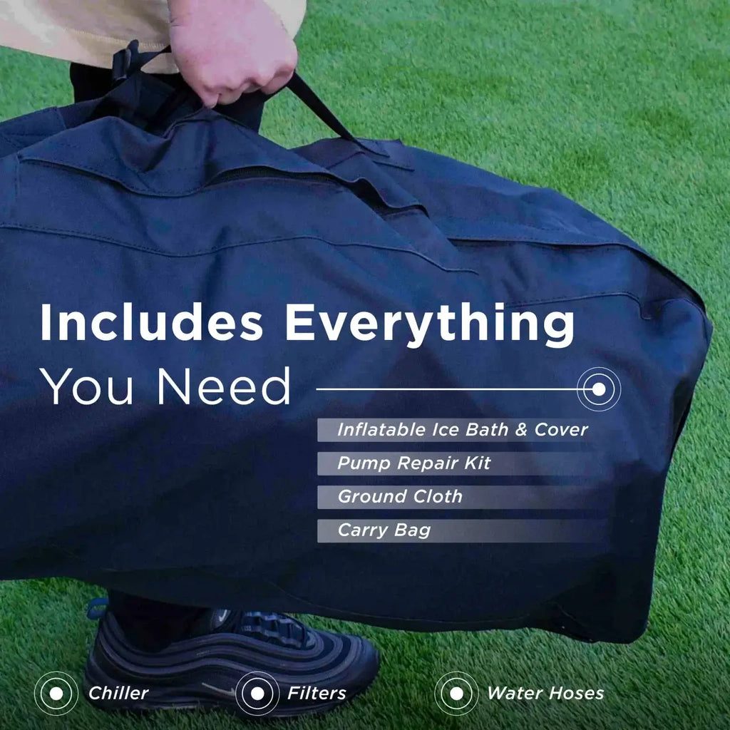 Navy blue inflatable ice bath kit with text on a grass background