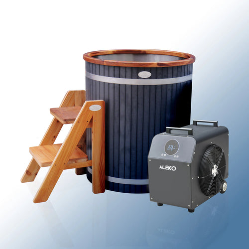 Cold plunge tub with wooden steps and ALEKO heater on a gradient background