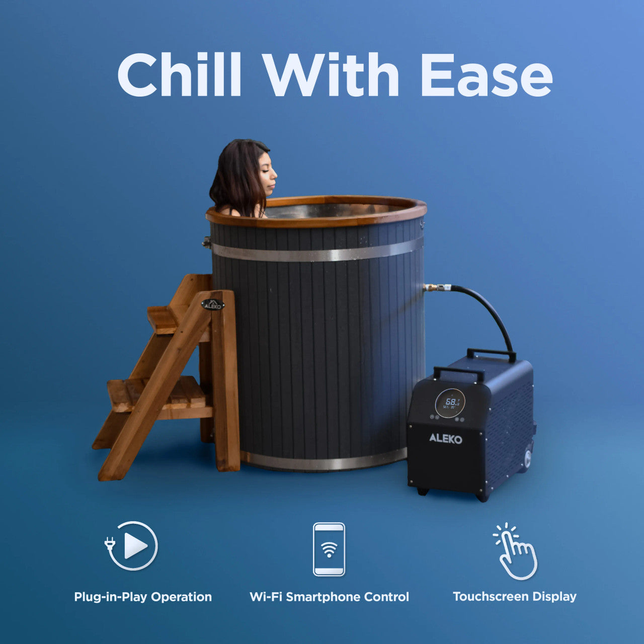 Cold tub with ALEKO pump on a blue background, featuring text 'Chill With Ease' and product features.