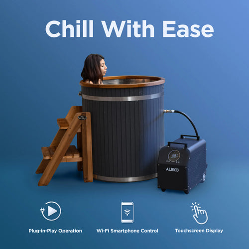 Cold tub with ALEKO pump on a blue background, featuring text 'Chill With Ease' and product features.