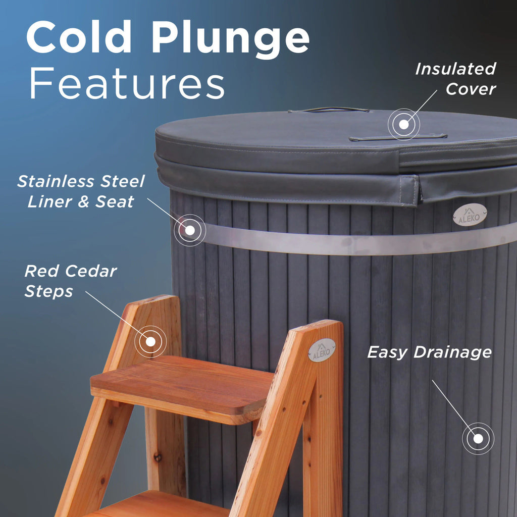 Cold plunge tub with features highlighted on a blue background