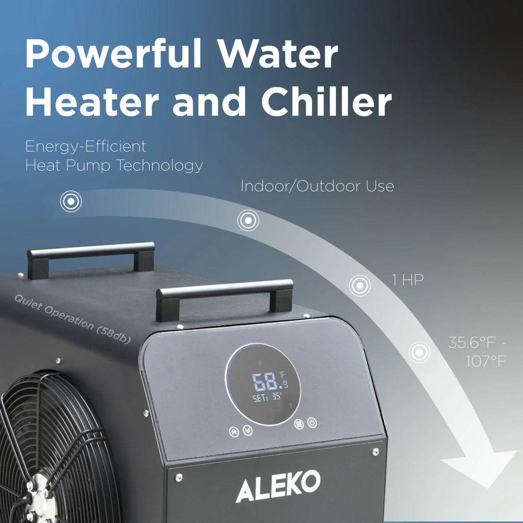 ALEKO water heater and chiller with digital display on a gradient background