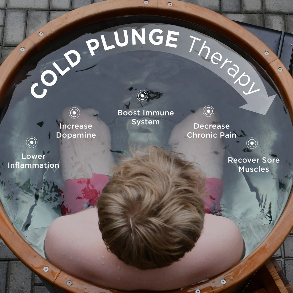 Person in a cold plunge therapy tub with text highlighting benefits