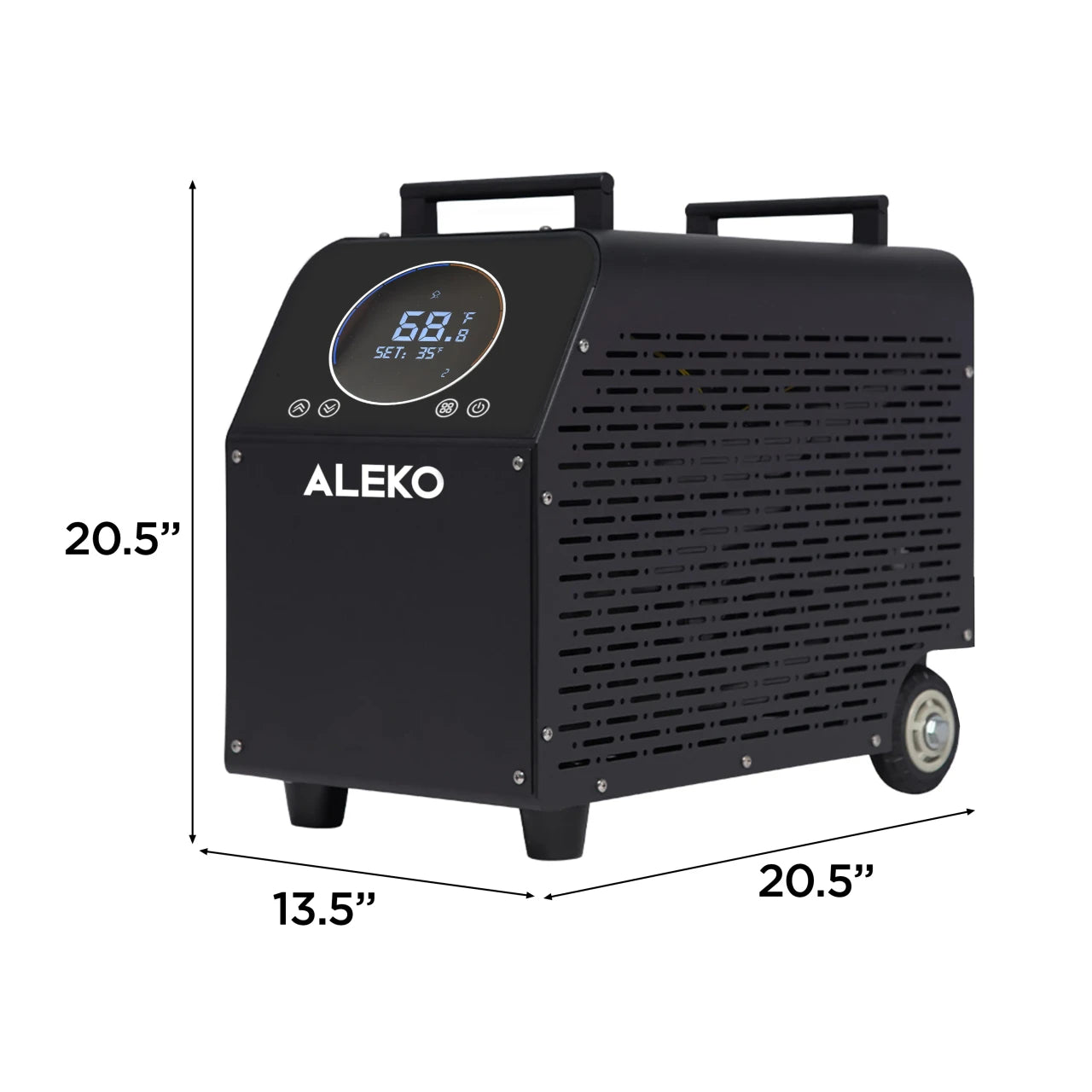 Black Aleko portable heater with digital display and dimensions on a white background