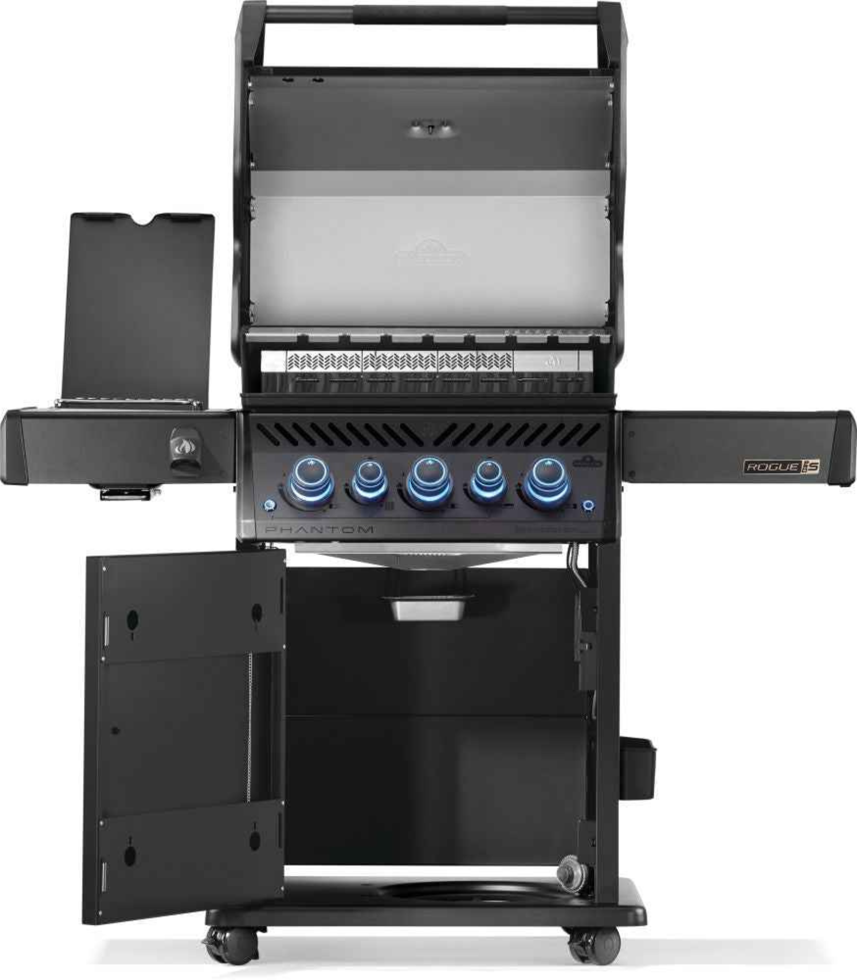 Black barbecue grill with open lid on a white background