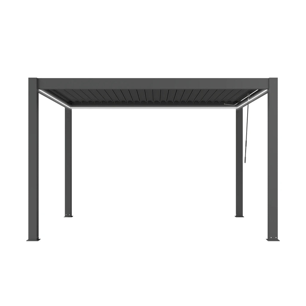 A modern rectangular pergola frame with a dark gray slatted roof and four slim vertical support posts, shown against a solid white background.