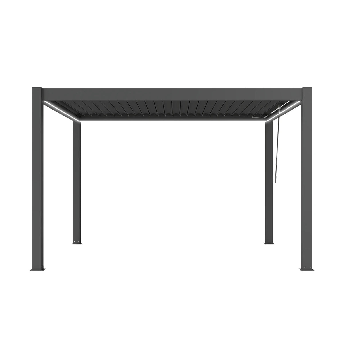 A modern rectangular pergola frame with a dark gray slatted roof and four slim vertical support posts, shown against a solid white background.