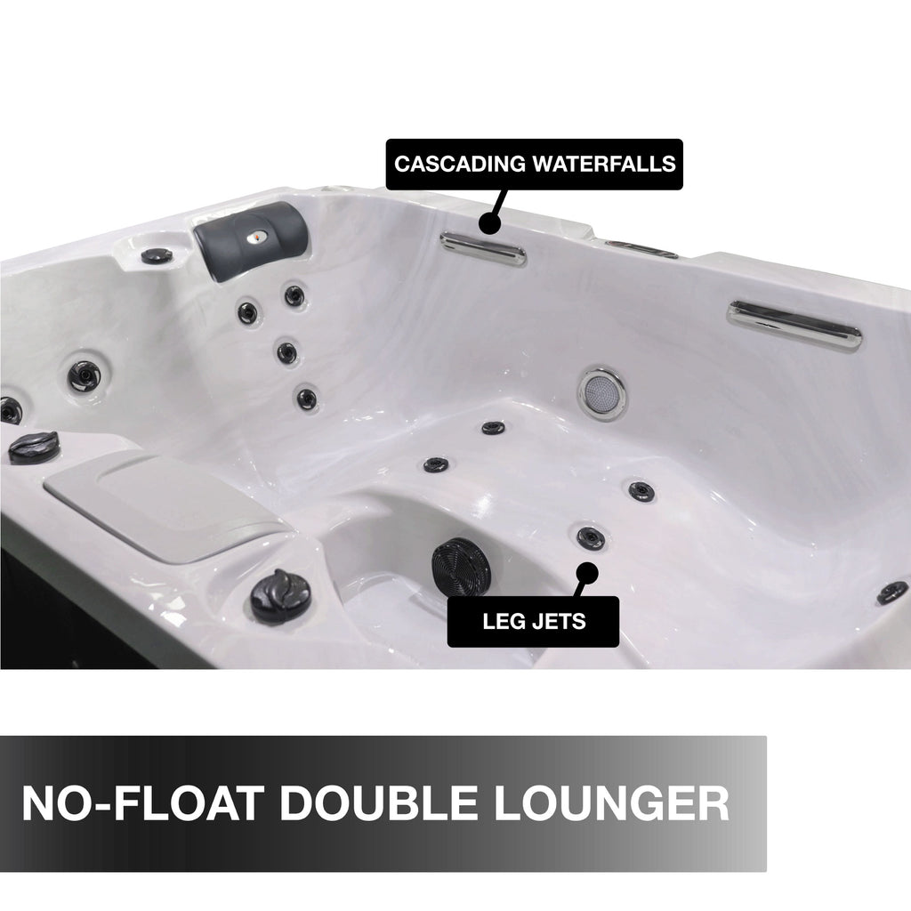 Hot tub with features labeled including 'Cascading Waterfalls' and 'Leg Jets', and text 'No-Float Double Lounger'.