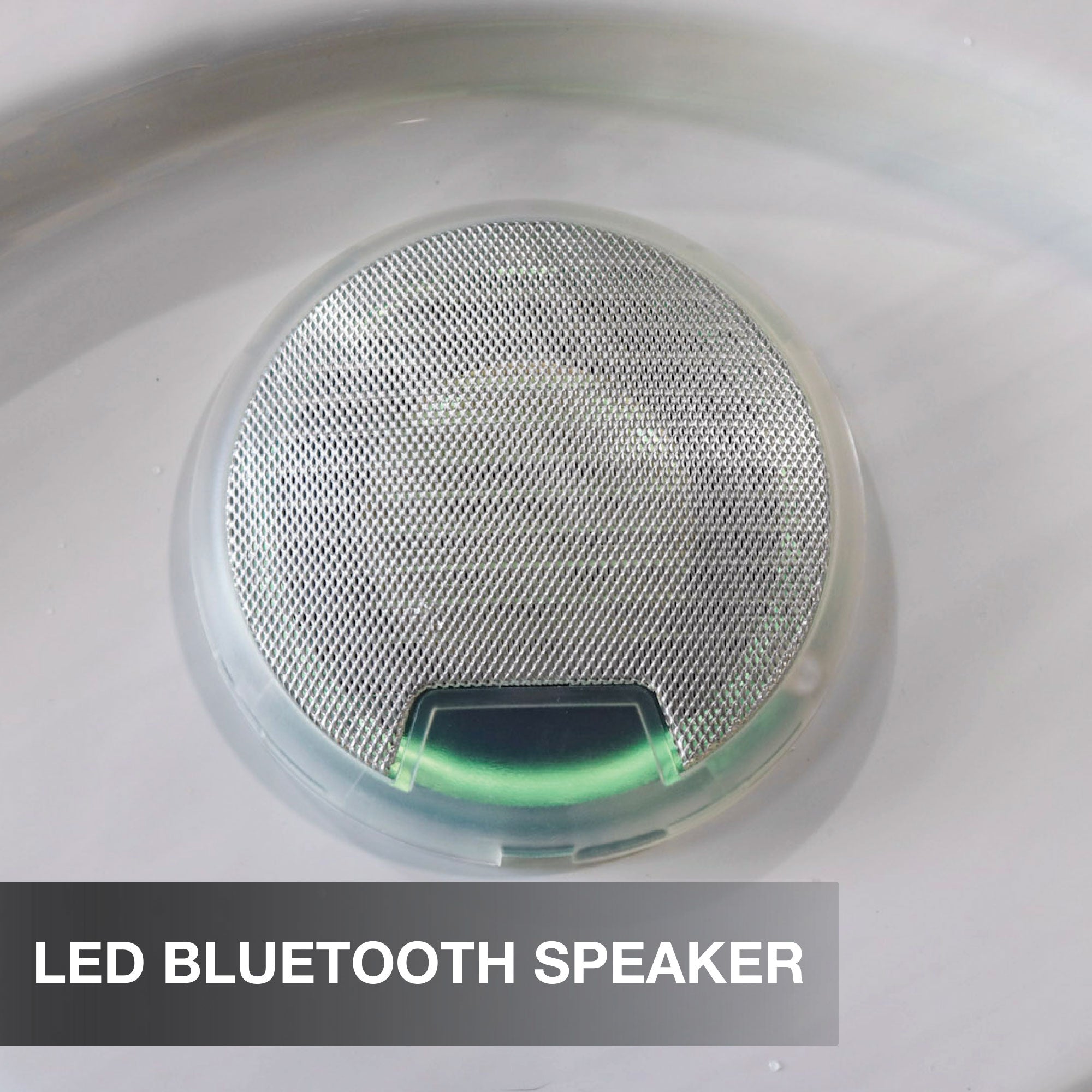 LED Bluetooth speaker on a white background with text overlay