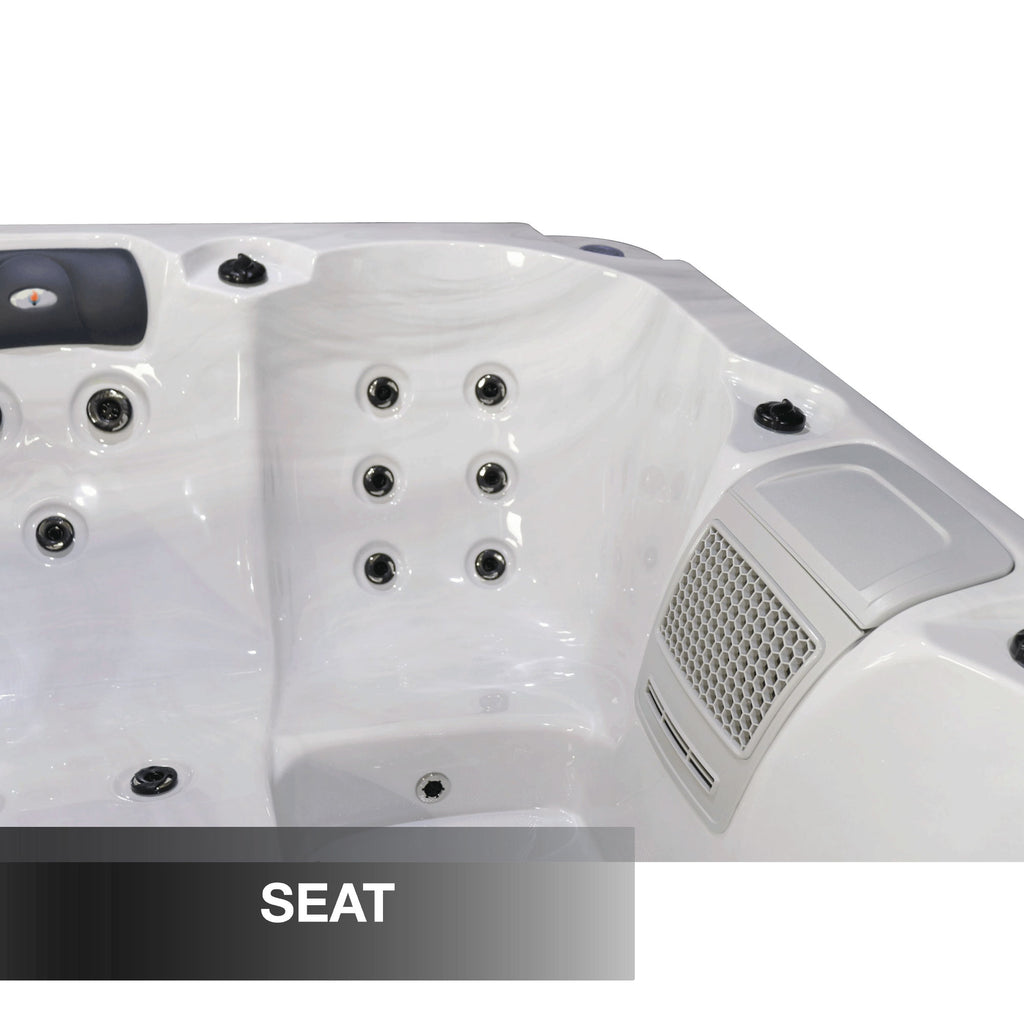 Hot tub with multiple jets and a labeled 'SEAT' on a white background