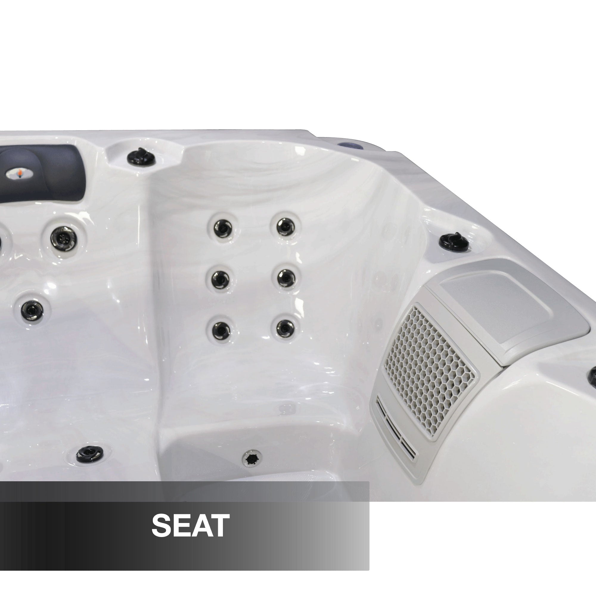 Hot tub with multiple jets and a labeled 'SEAT' on a white background