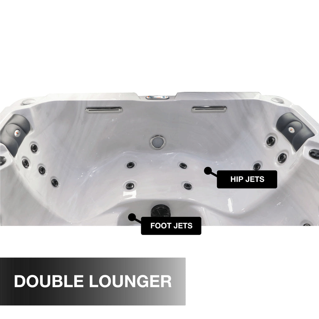 Hot tub with labeled jets and 'Double Lounger' text on a white background