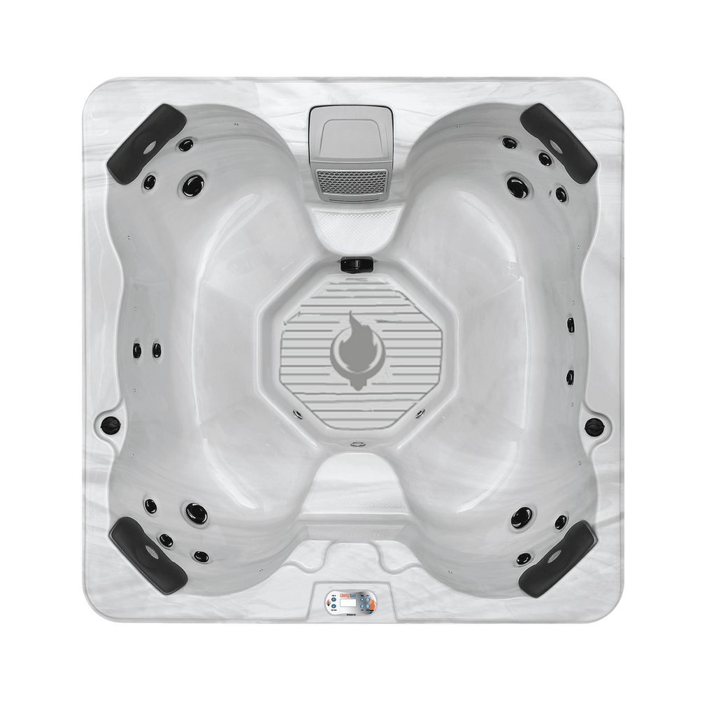 Top view of a hot tub with jets and control panel on a white background
