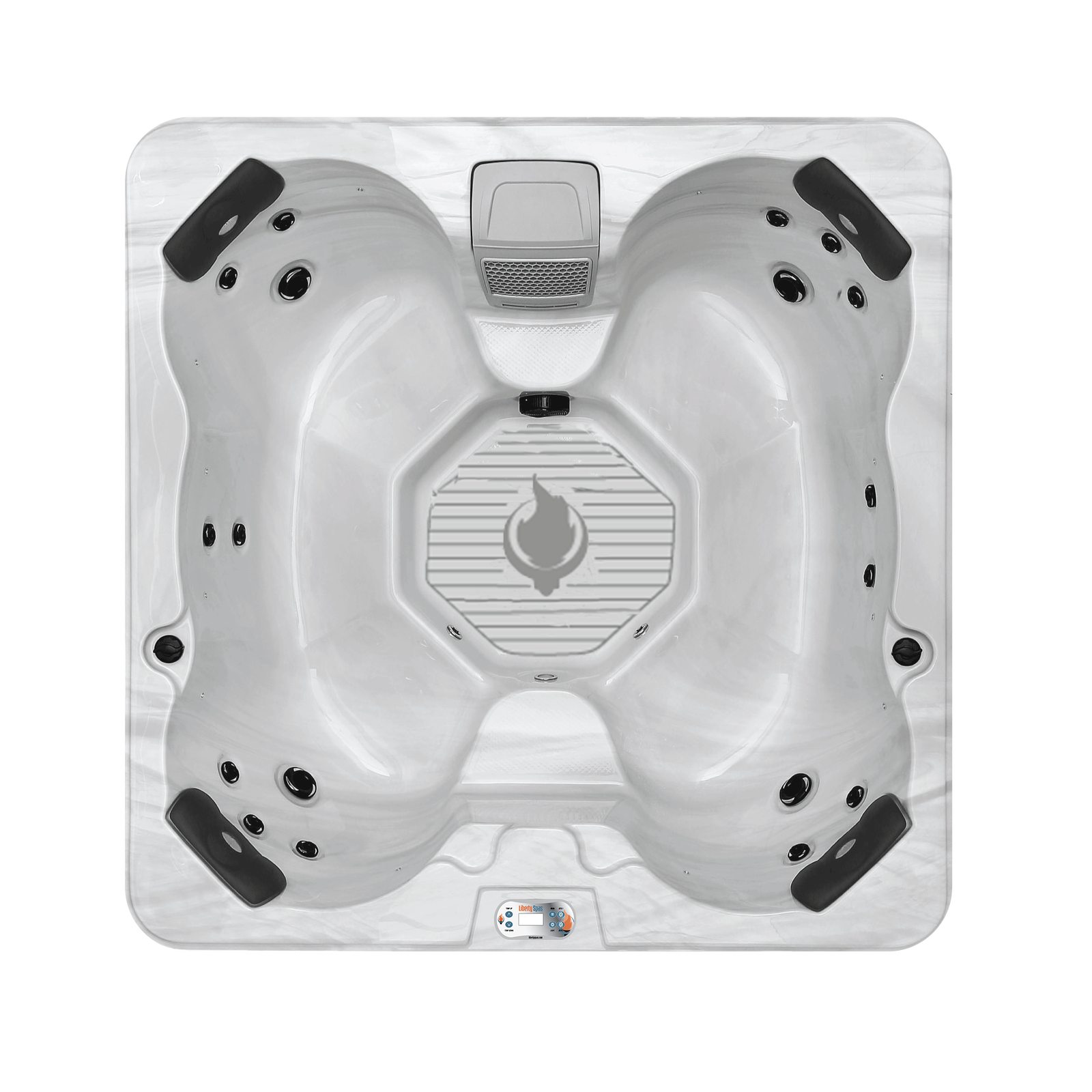 Top view of a hot tub with jets and control panel on a white background