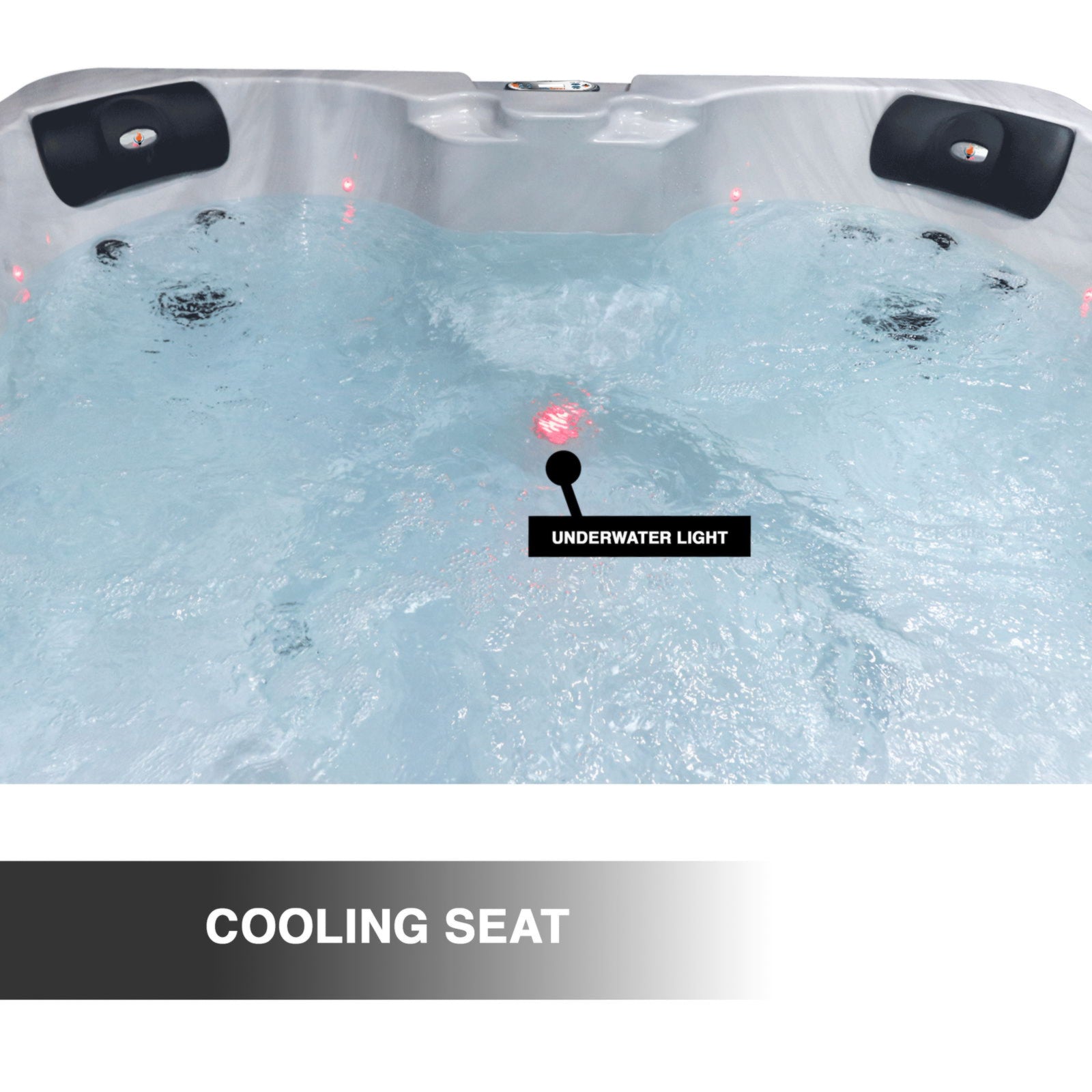 Hot tub with underwater light labeled and 'Cooling Seat' text at the bottom.