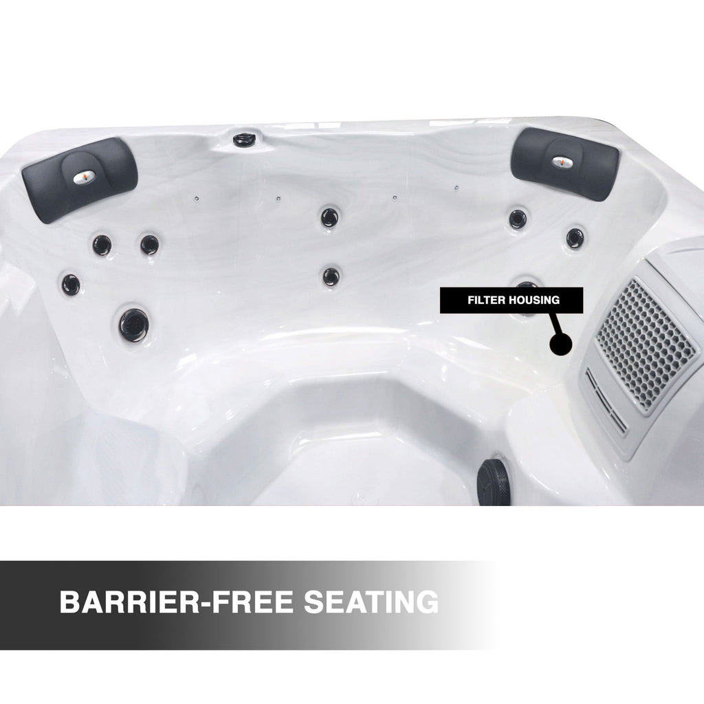 Hot tub with filter housing labeled and 'Barrier-Free Seating' text on a white background