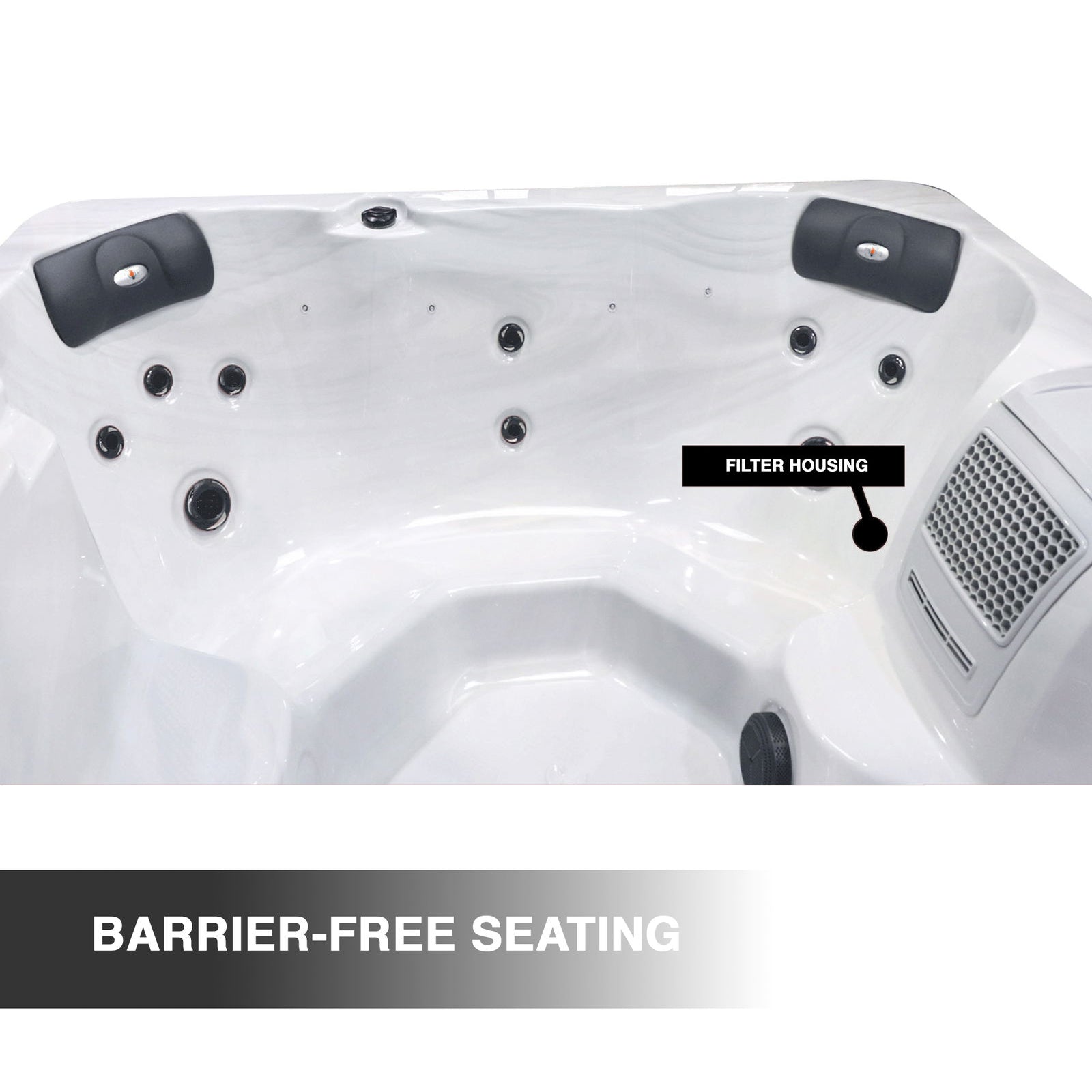 Hot tub with filter housing labeled and 'Barrier-Free Seating' text on a white background