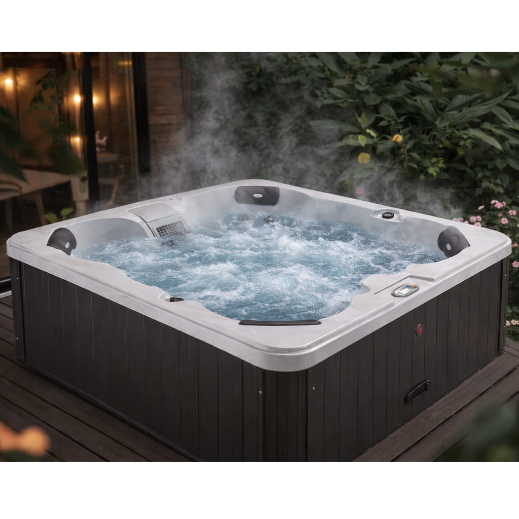 Hot tub with water and steam in an outdoor setting