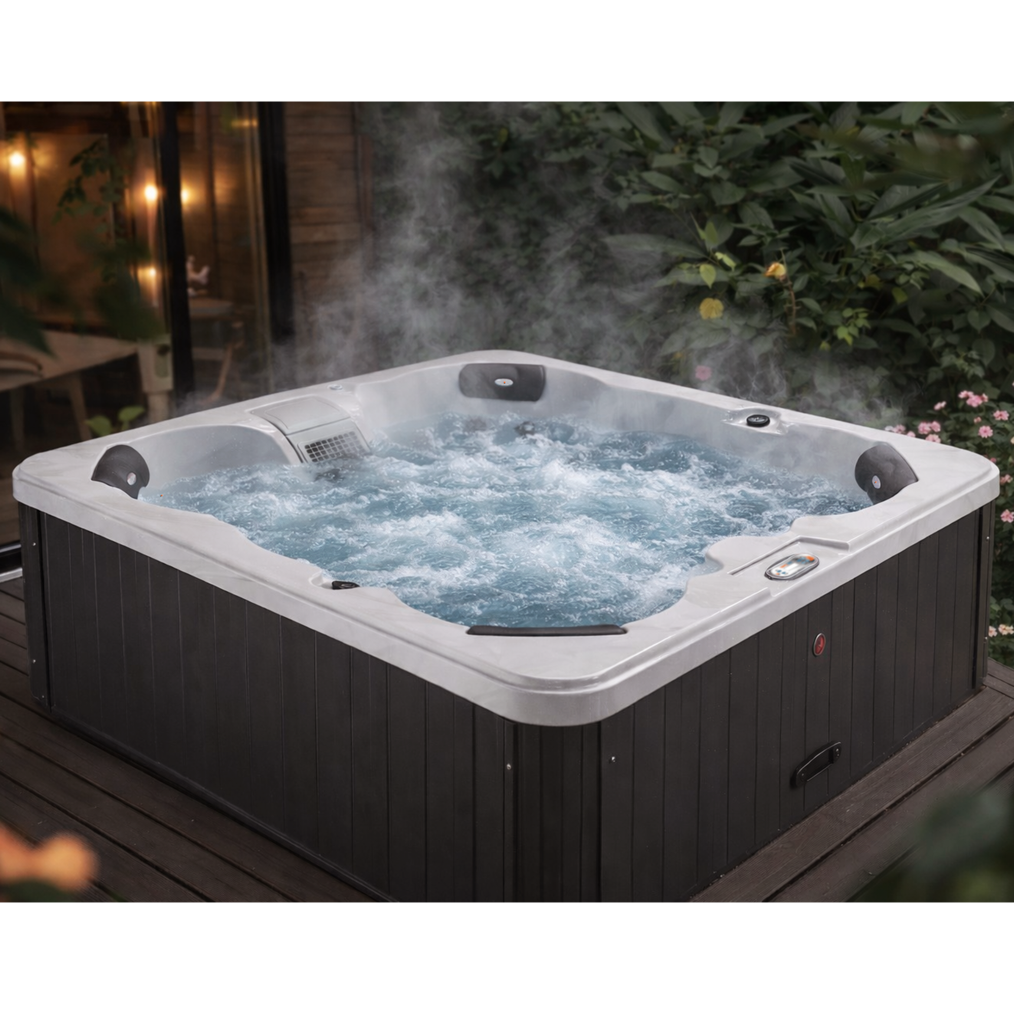 Hot tub with water and steam in an outdoor setting