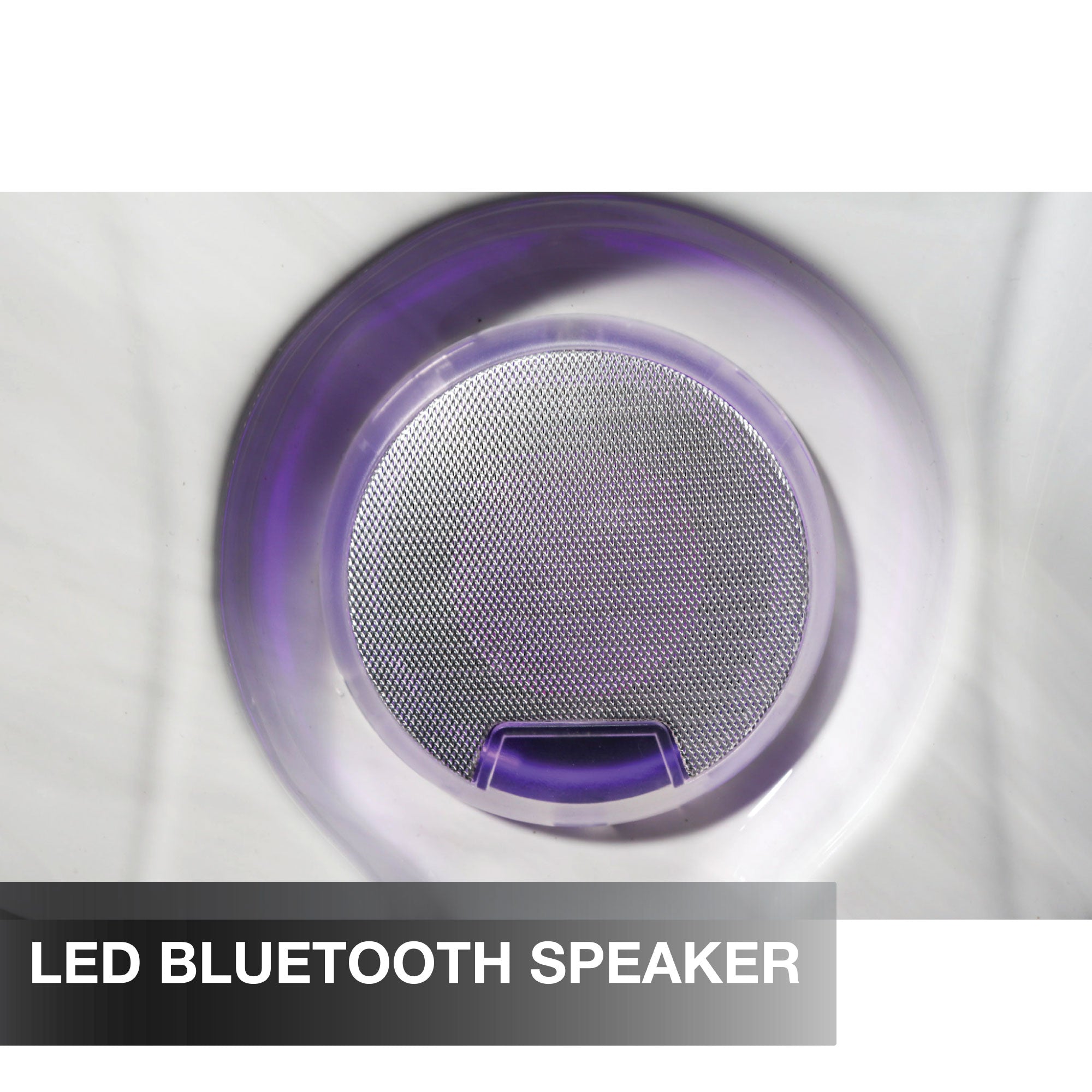 LED Bluetooth speaker with purple lighting on a white background