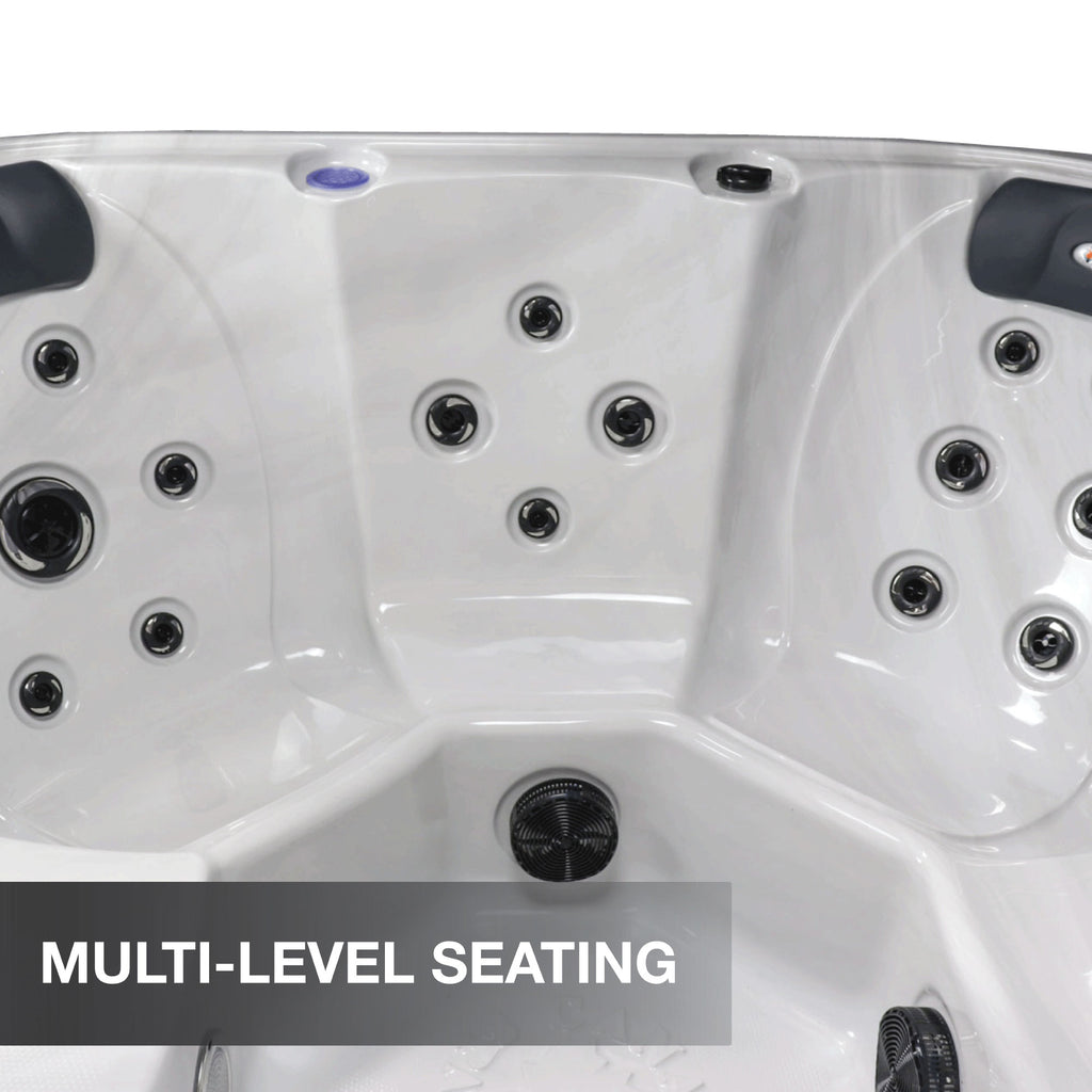 Close-up of a hot tub with multiple jets and 'Multi-Level Seating' text.