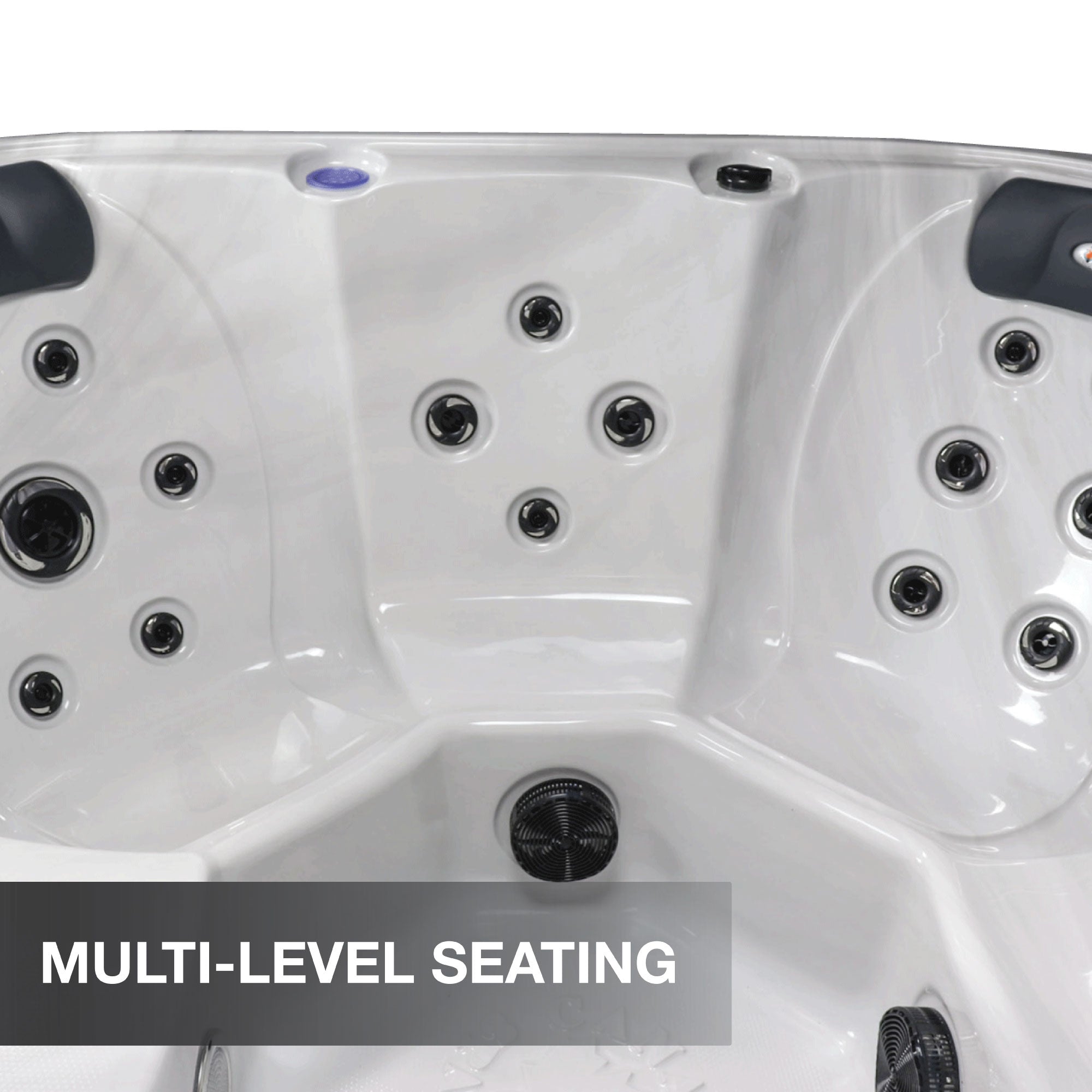 Close-up of a hot tub with multiple jets and 'Multi-Level Seating' text.