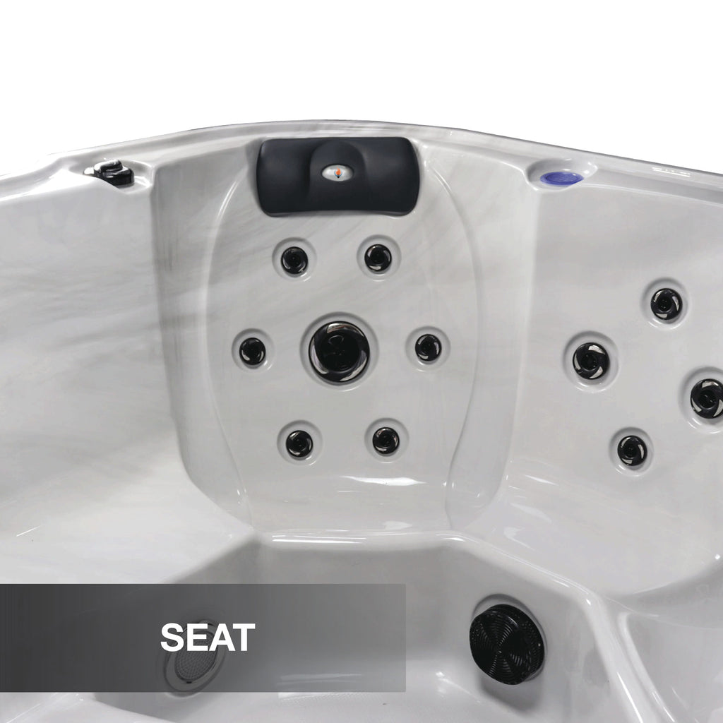 Hot tub with multiple jets and a 'SEAT' label on a white background