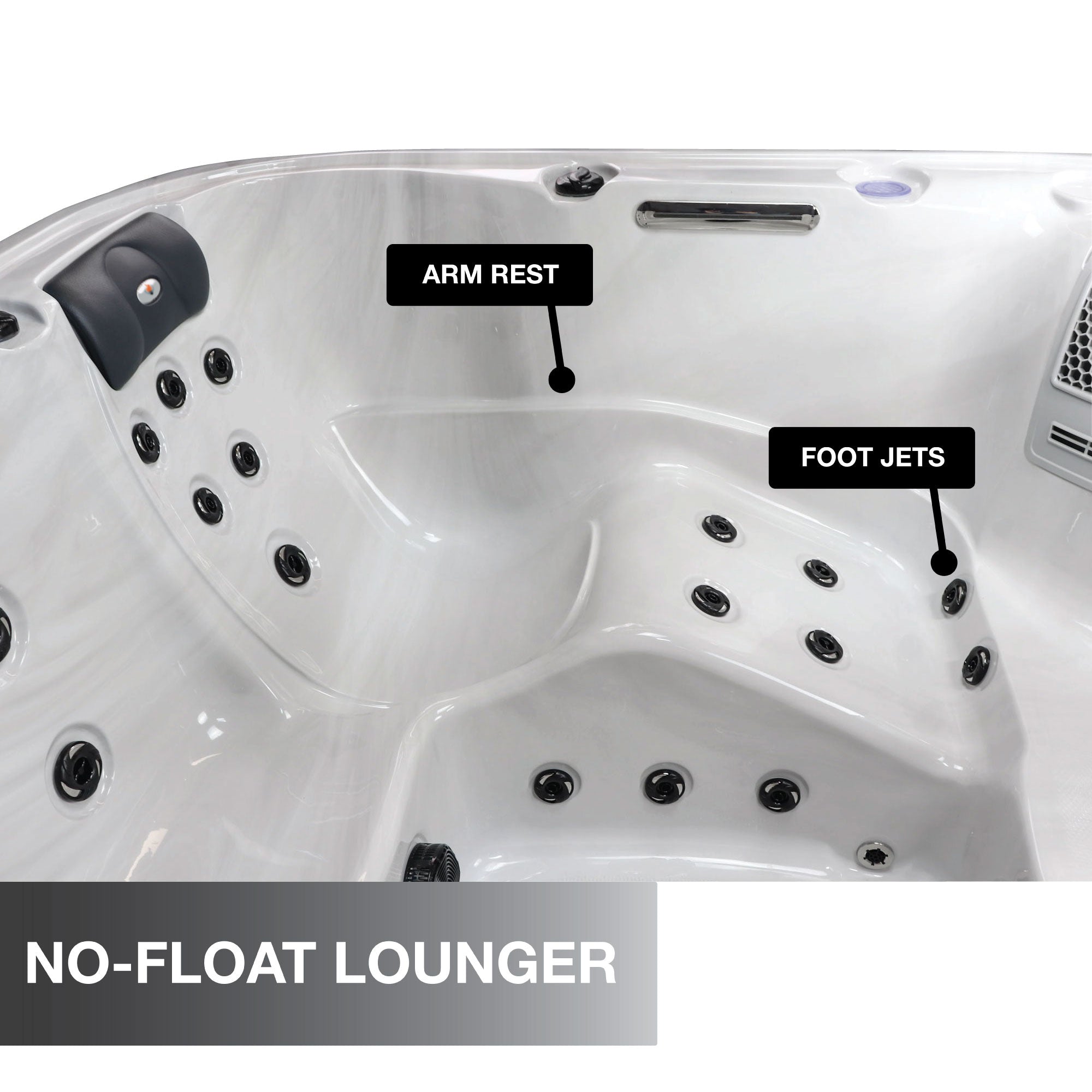 Hot tub with labeled arm rest and foot jets, featuring 'No-Float Lounger' text.