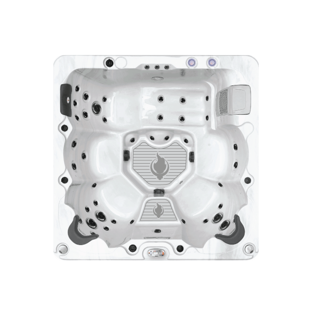 White hot tub shell with visible branding on a white background