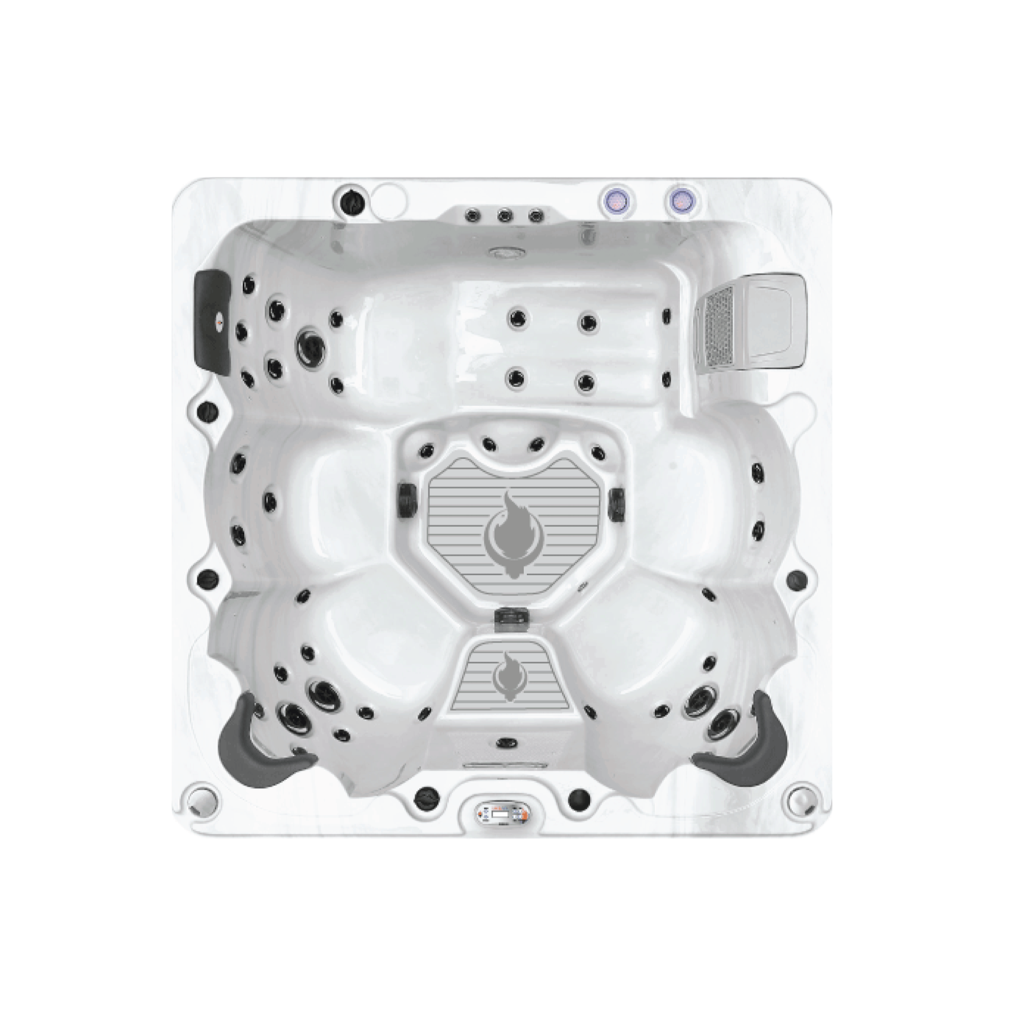 White hot tub shell with visible branding on a white background