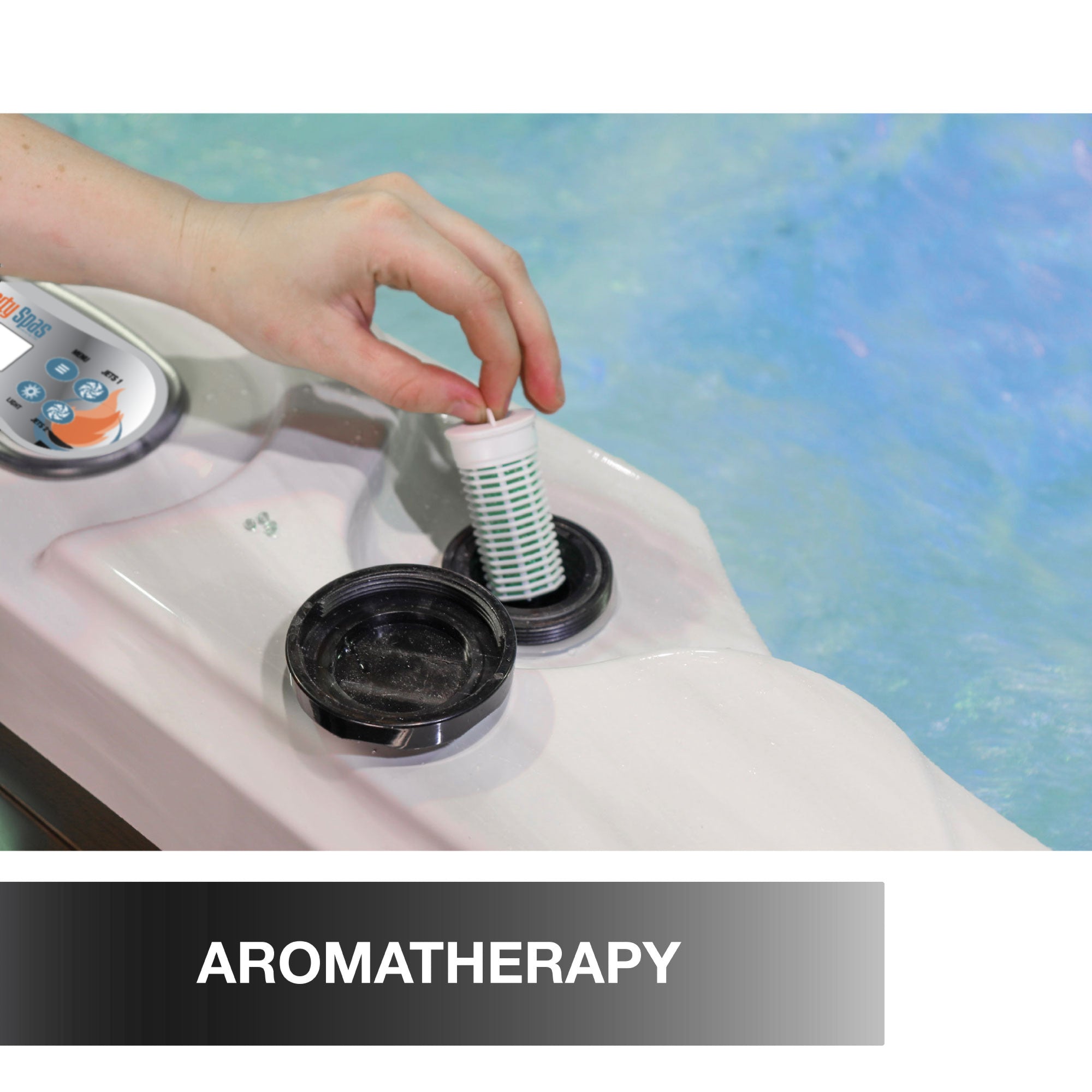 Hand replacing a filter in a hot tub with 'Aromatherapy' text at the bottom.