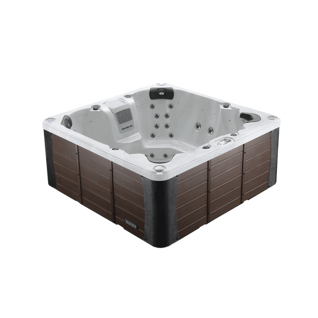 Hot tub with brown exterior and white interior on a white background