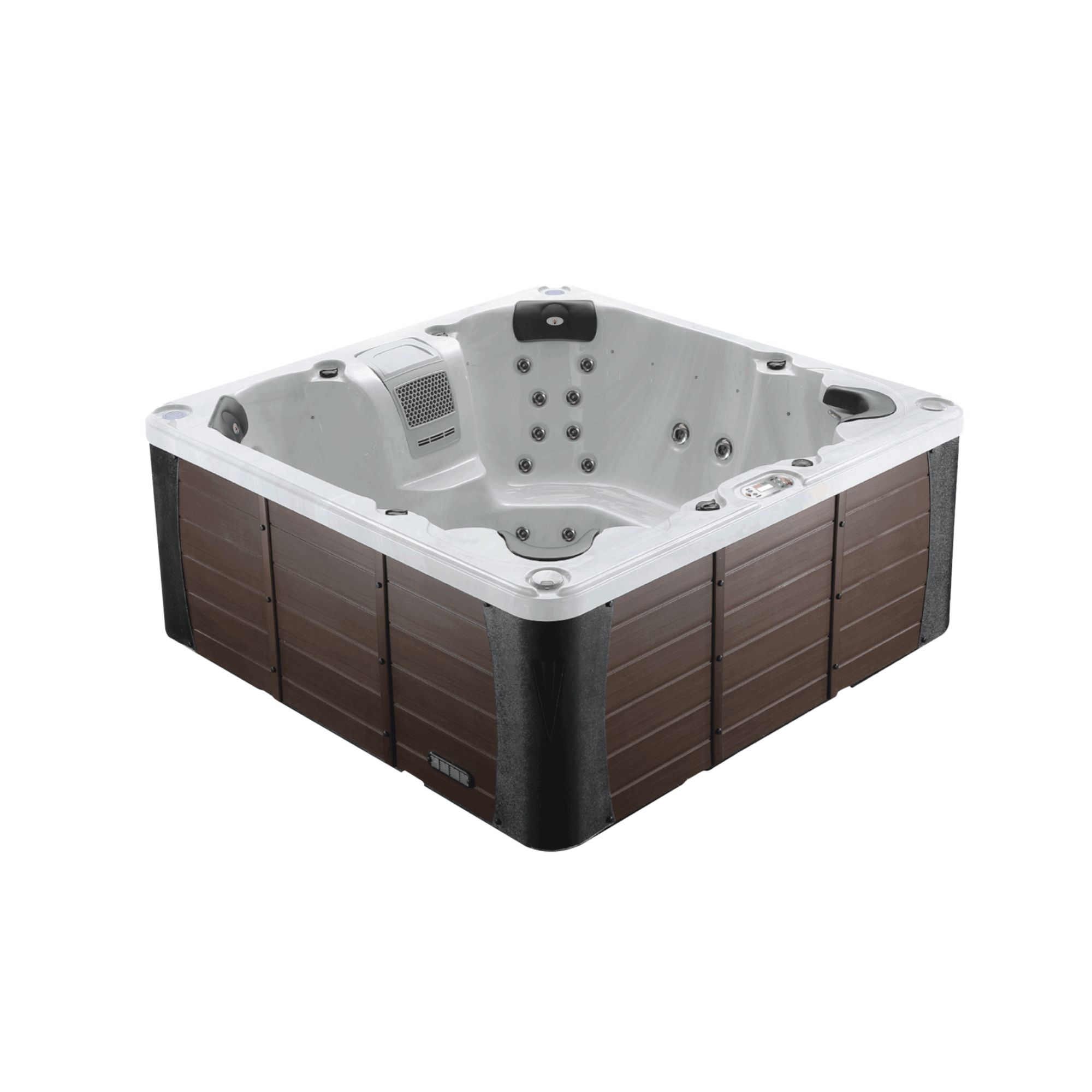 Hot tub with brown exterior and white interior on a white background