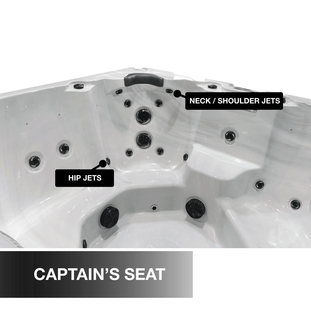 Hot tub with labeled jets on a white background