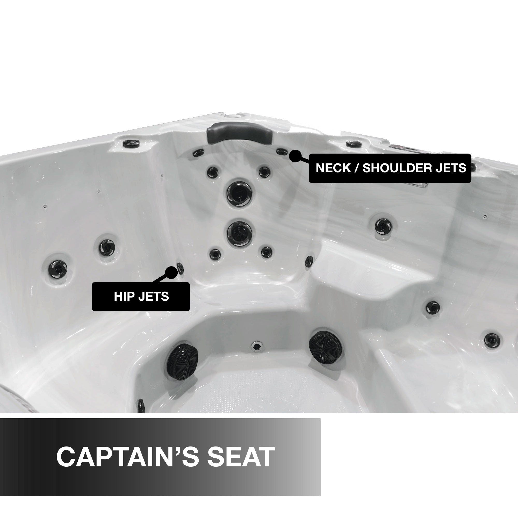 Hot tub with labeled jets on a white background