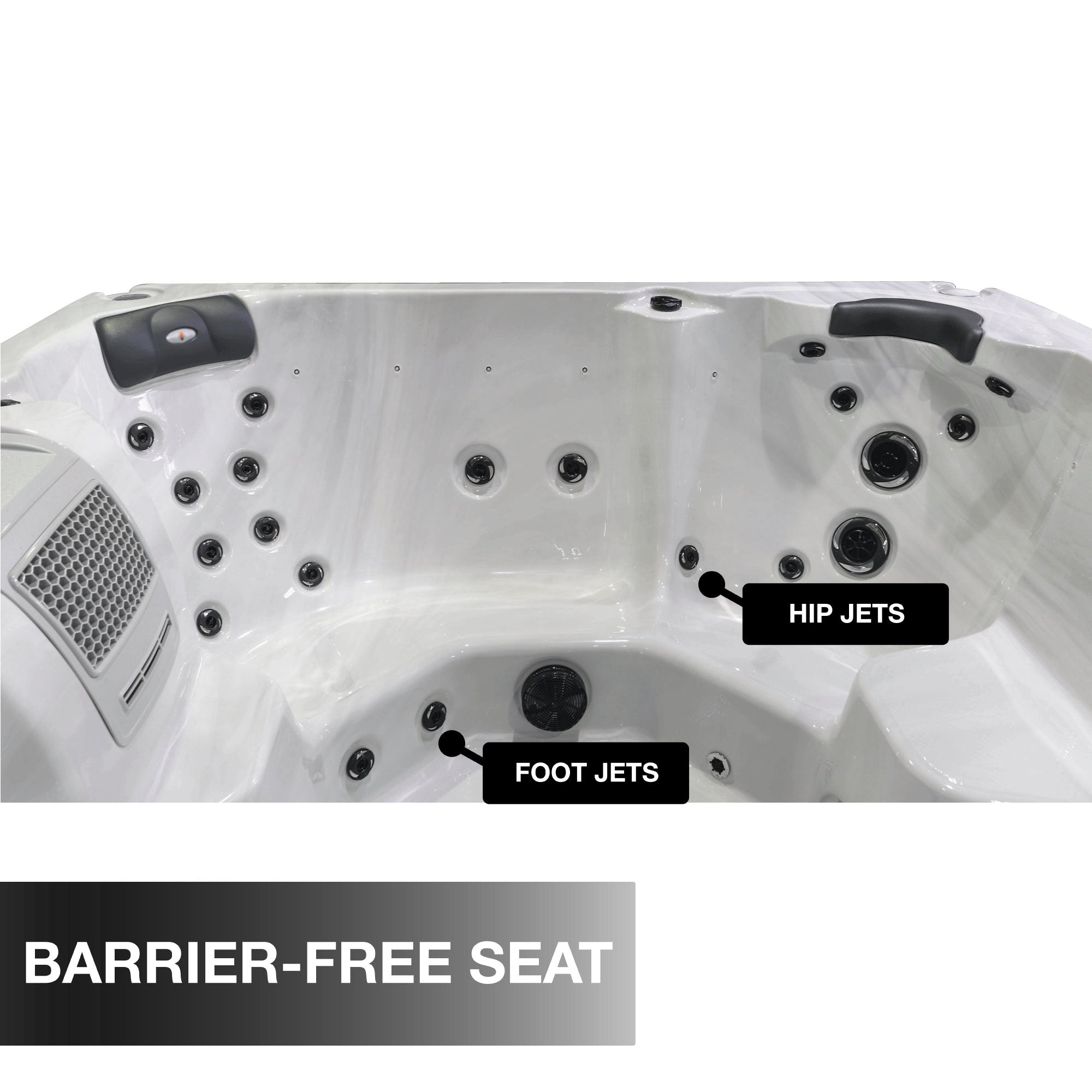 Hot tub with labeled jets and text on a white background