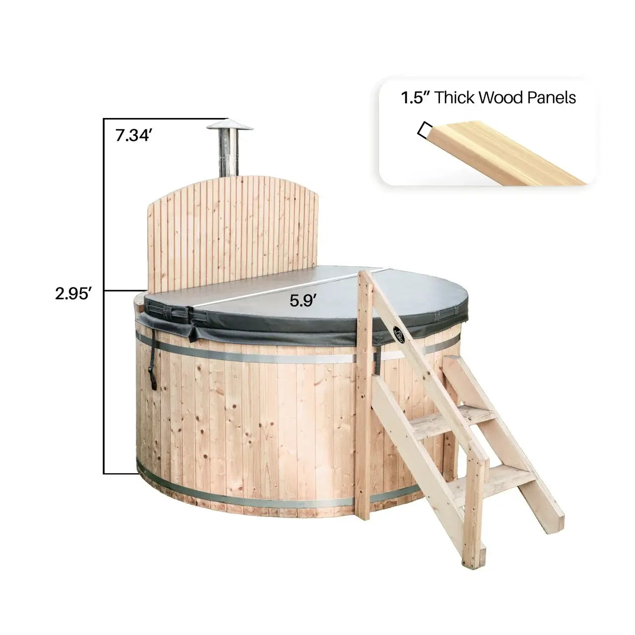 Wooden hot tub with dimensions and material details on a white background