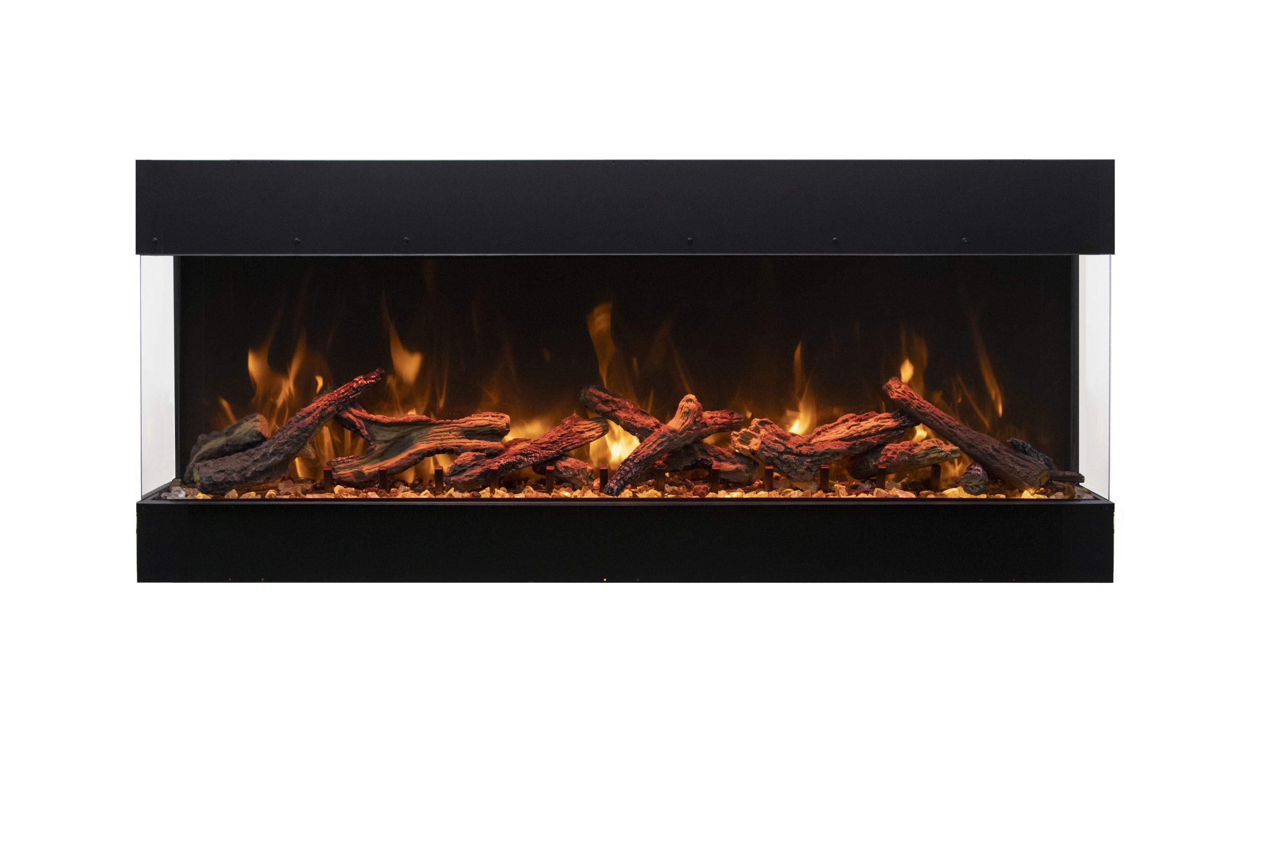 Electric fireplace with glowing logs and flames on a white background