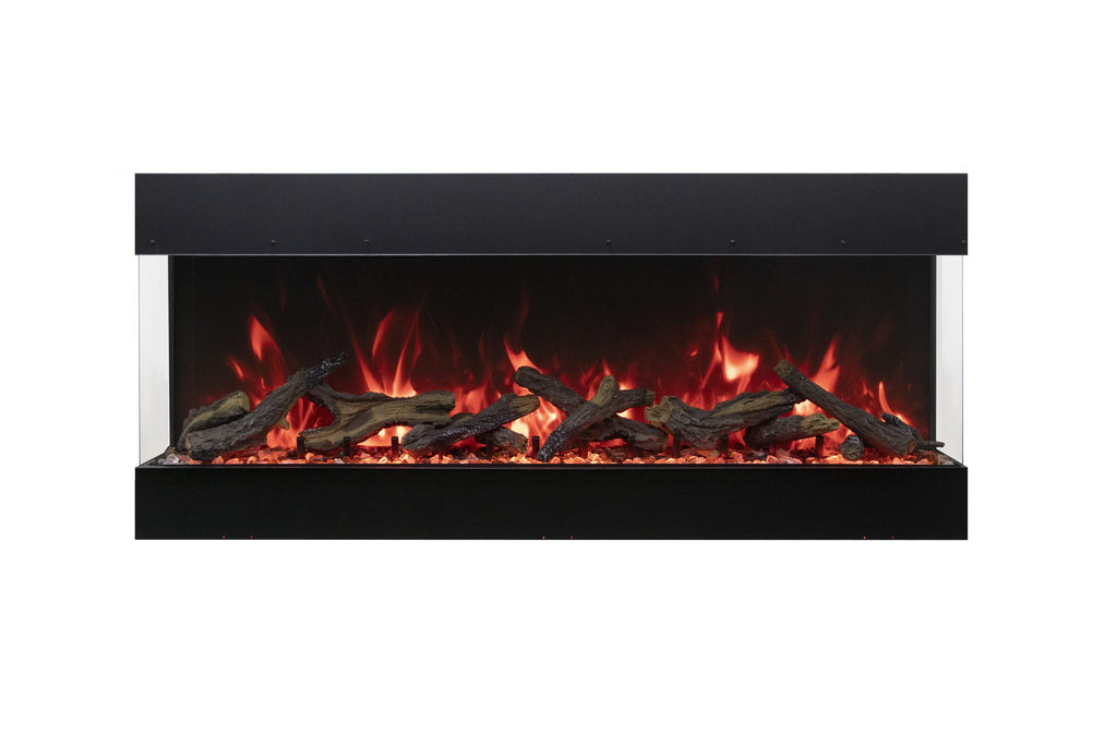 Electric fireplace with glowing logs and flames on a white background