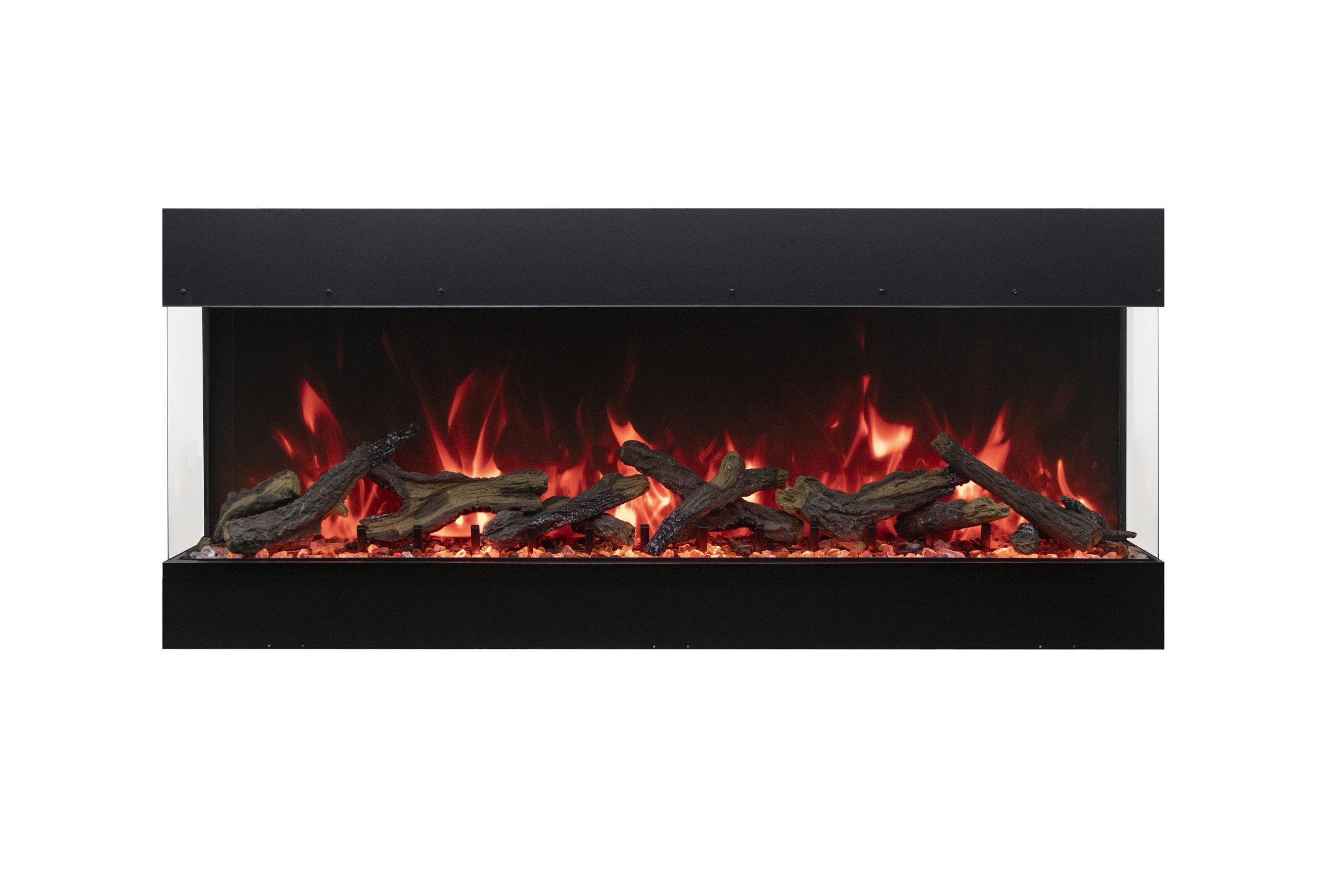 Electric fireplace with glowing logs and flames on a white background