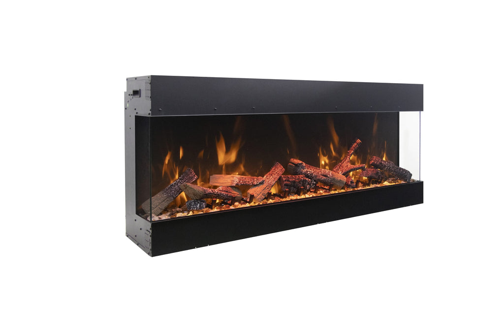 Electric fireplace with glowing logs and flames on a white background