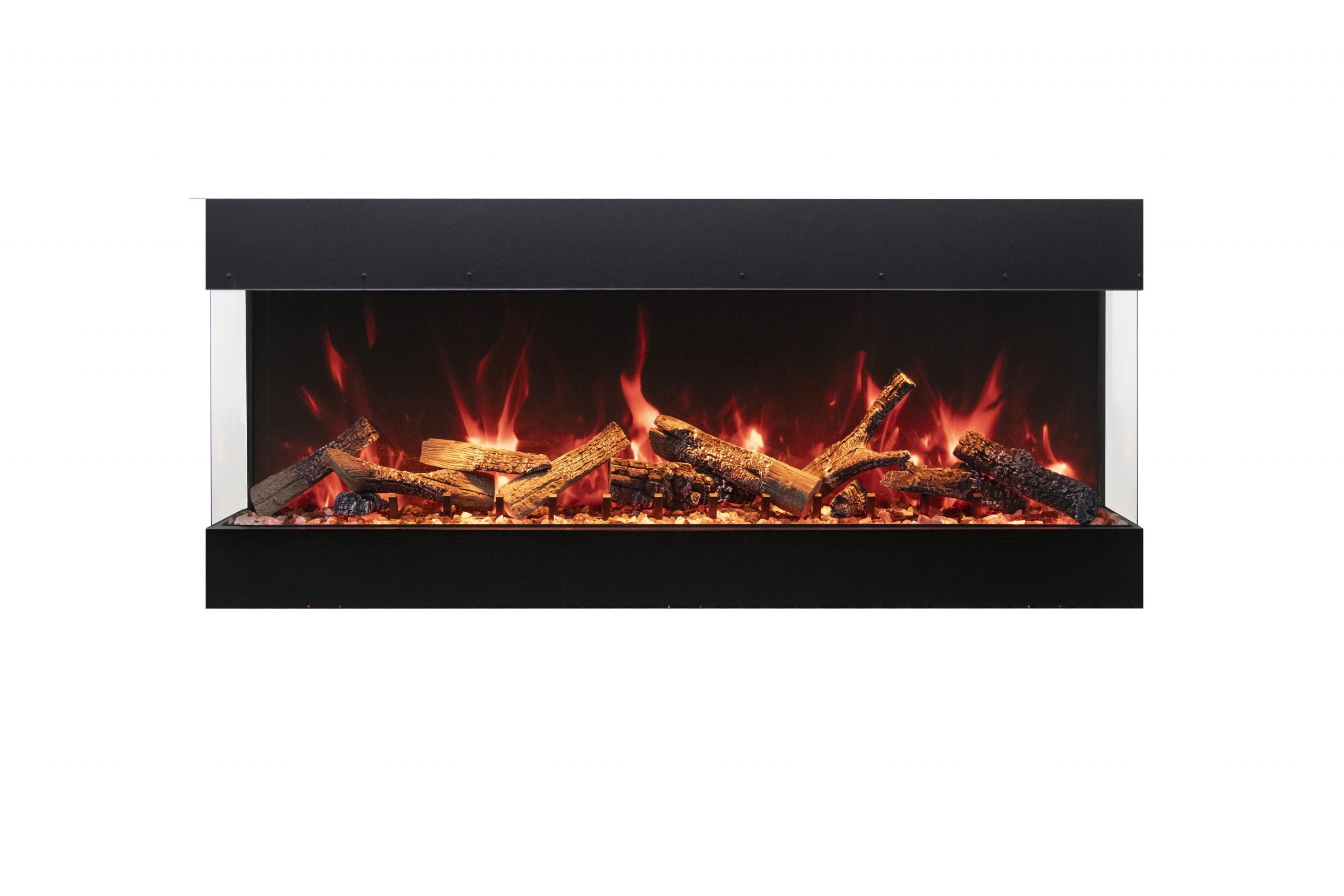 Electric fireplace with glowing logs on a white background