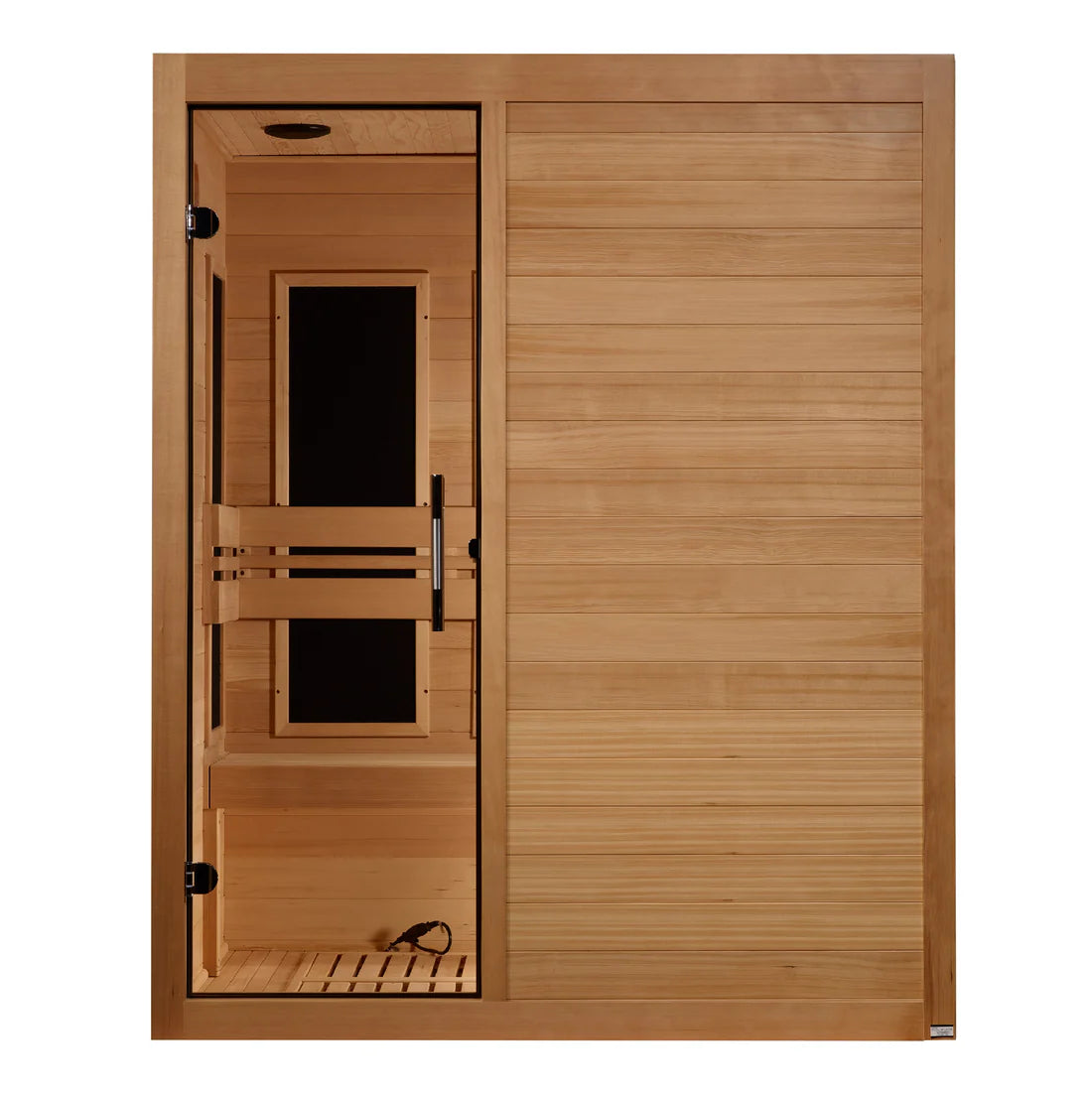 Wooden sauna door with a glass panel on a white background