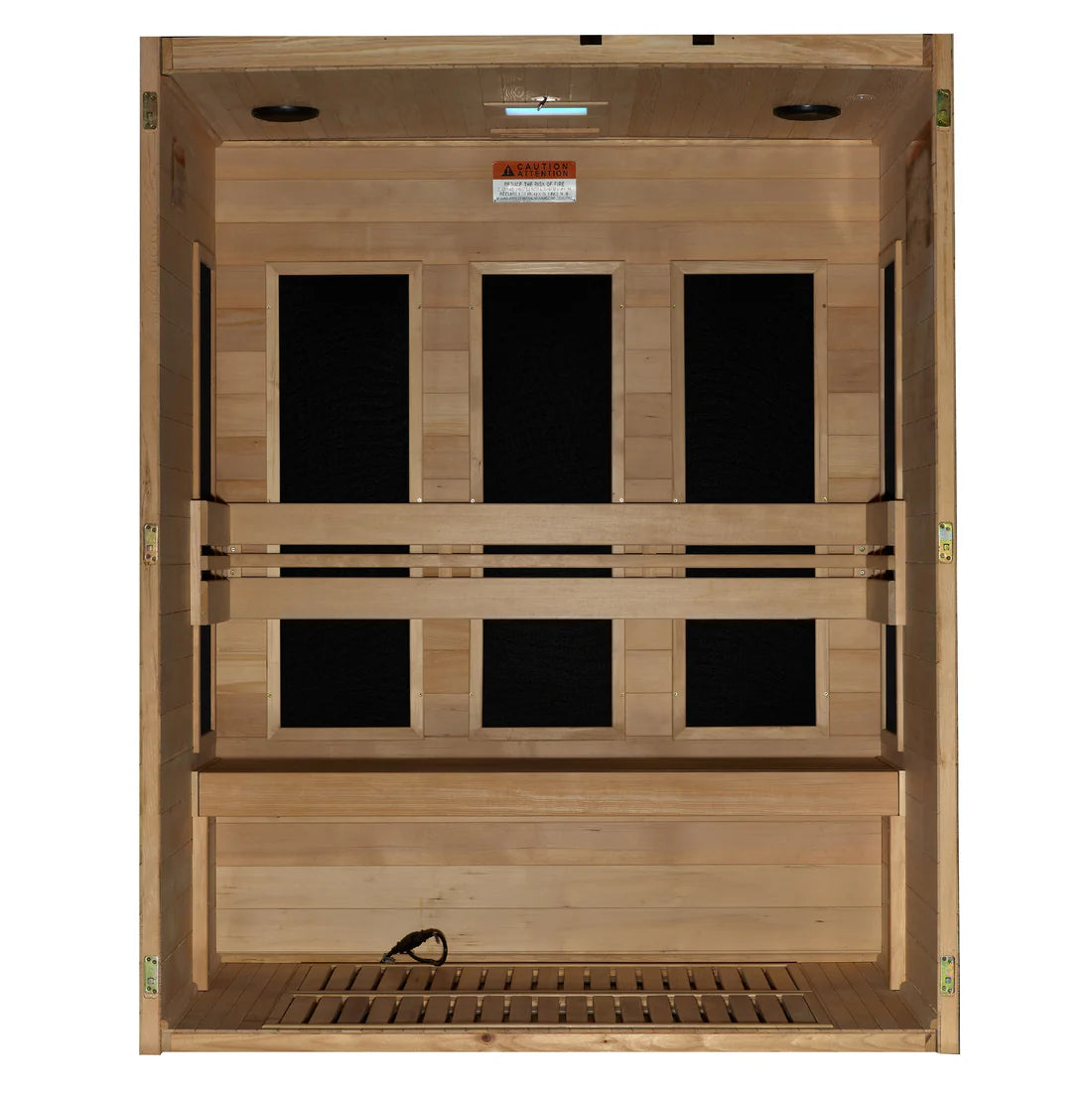 Wooden sauna with black interior panels on a white background