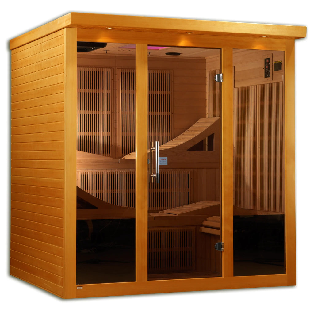Wooden sauna with glass doors on a white background