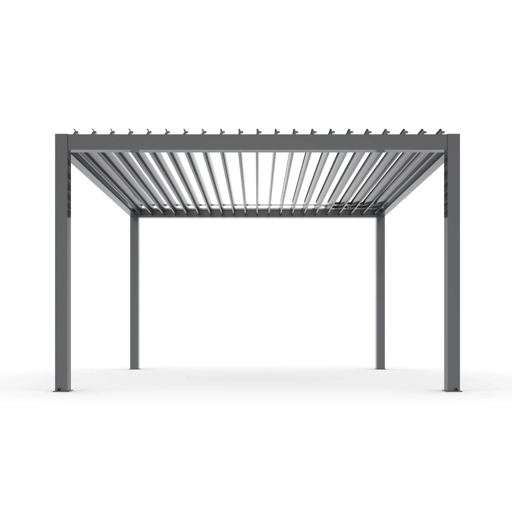 A modern gray metal pergola with a slatted roof and four support posts, shown from a front-facing perspective on a clean white background.