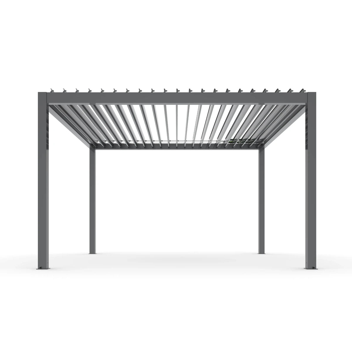A modern gray metal pergola with a slatted roof and four support posts, shown from a front-facing perspective on a clean white background.