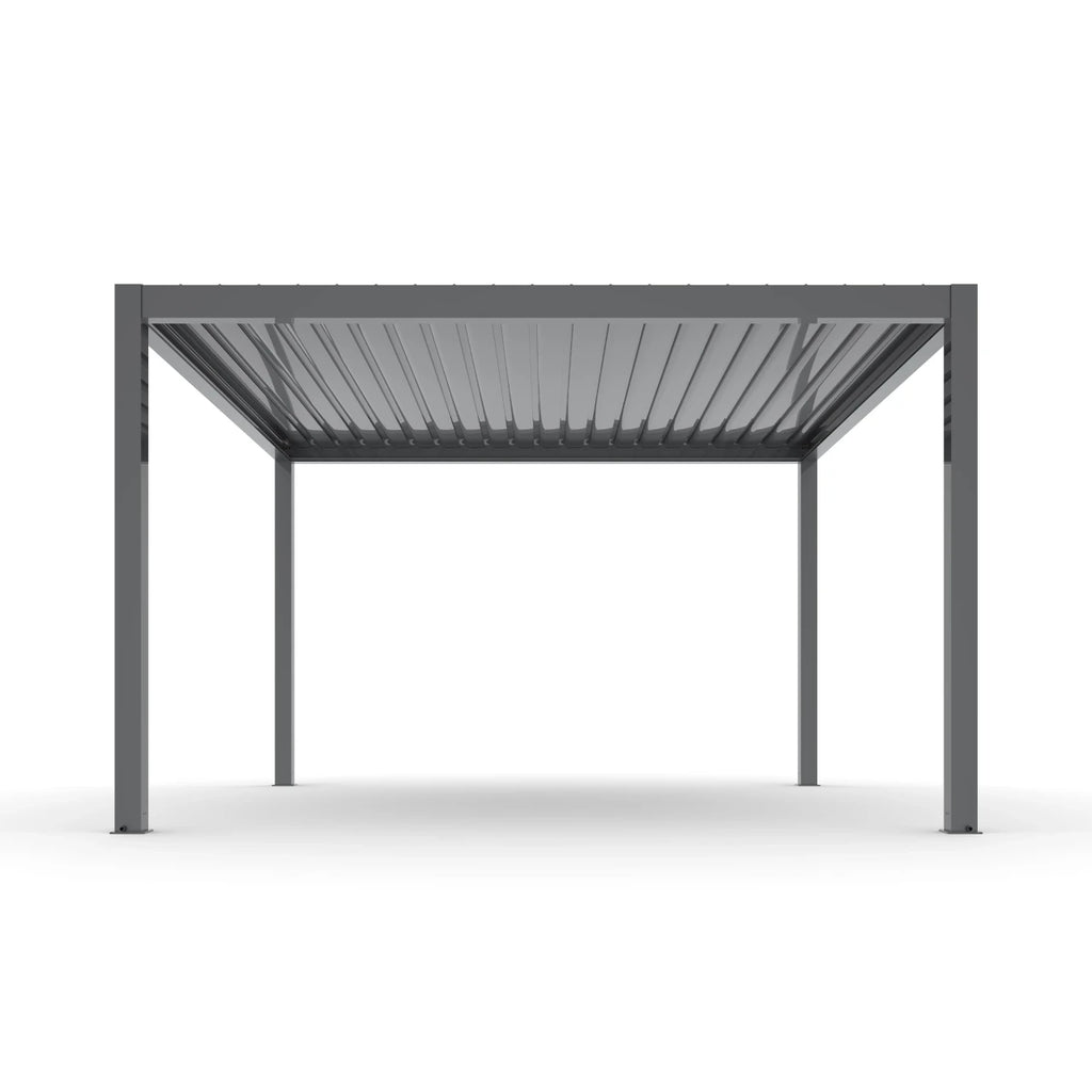 A modern gray metal patio pergola with a slatted roof, shown from a front-facing perspective on a clean white background.